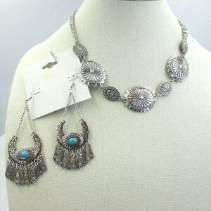 NOIR Faux Silver Concho Choker Necklace & Silver Turquoise Drop Earrings Western